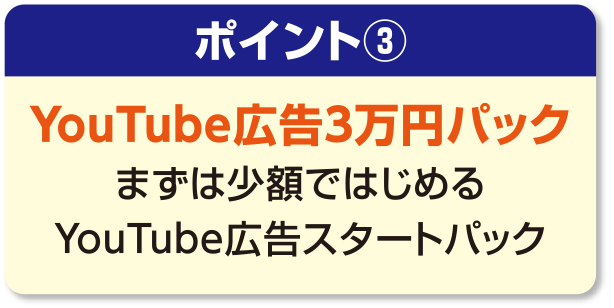 ポイント③[YouTube広告3万円パック]まずは少額ではじめるYouTube広告スタートパック